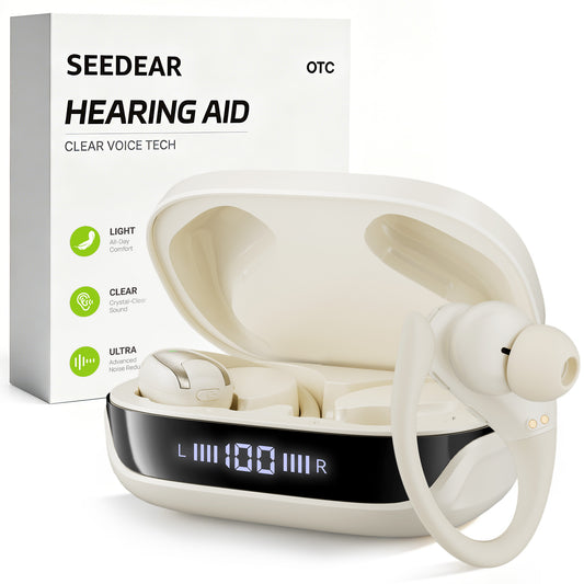 Rechargeable Hearing Aids for Seniors, OTC Digital Hearing Aids with Smart Noise Reduction, Comfortable In-Ear Hearing Amplifier with Portable Charging Case, Clear Sound (Light Beige)
